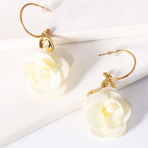 

Fabric Flower Decor Drop Earrings, White