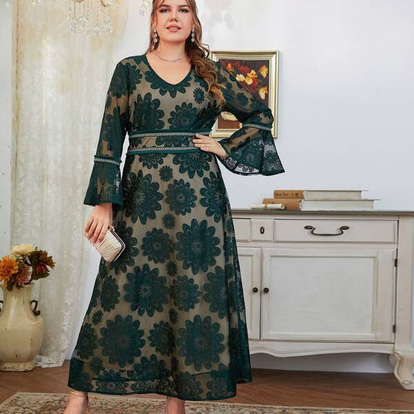 

Plus Floral Print Flounce Sleeve Lace Dress, Dark green