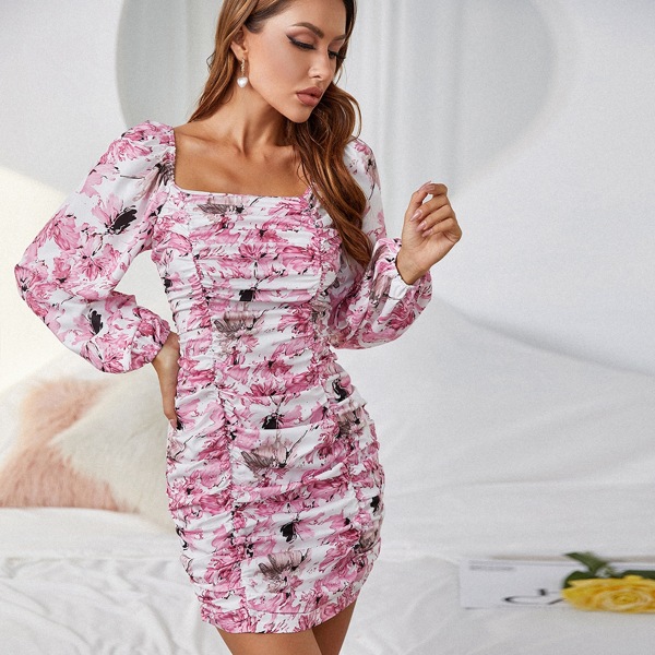 

Floral Print Ruched Square Neck Bishop Sleeve Bodycon Dress, Multicolor