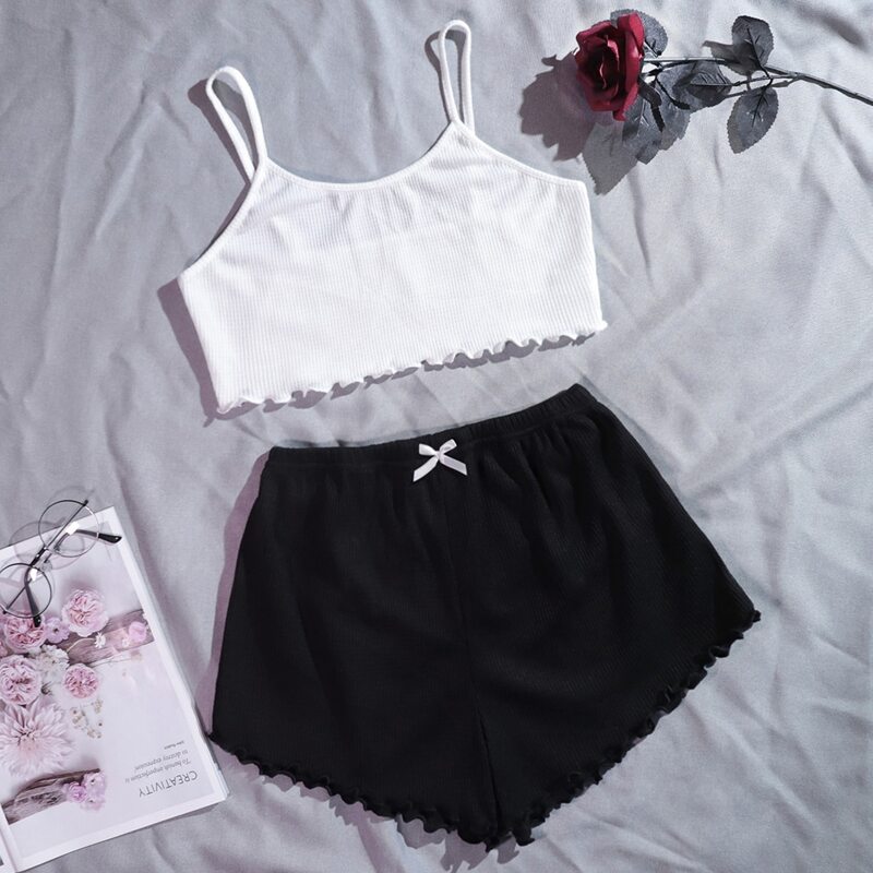

Lettuce Trim Cami Pajama Set, Black and white