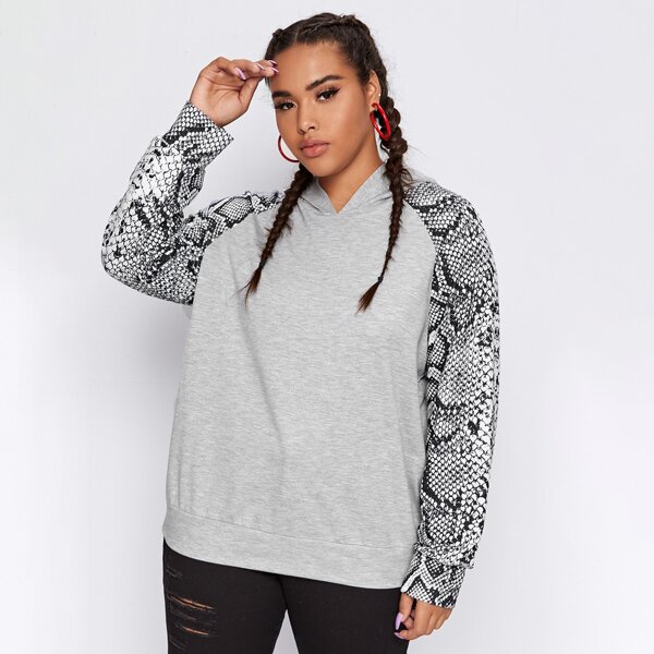 

Plus Contrast Snakeskin Raglan Sleeve Hoodie, Light grey