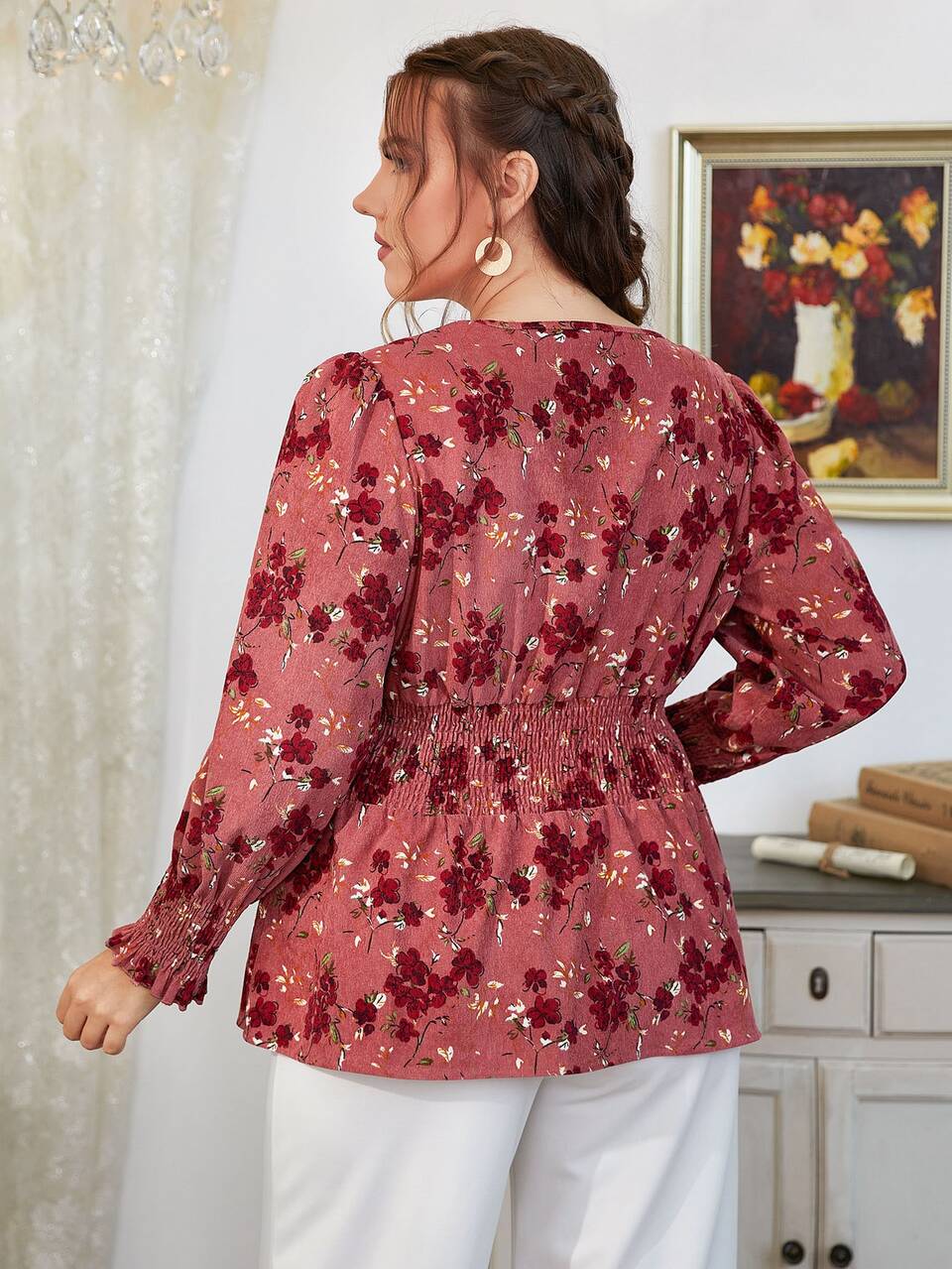 Plus Floral Bishop Sleeve Shirred Blouse