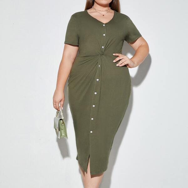 

Plus Twist Front Button Up Dress, Army green