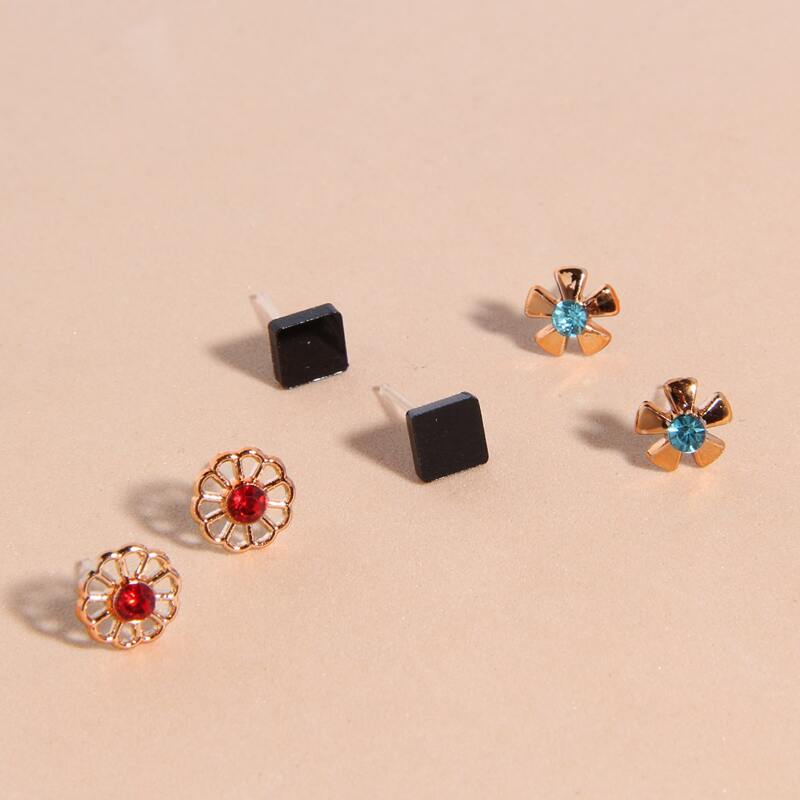 

3pairs Flower Stud Earrings, Multicolor