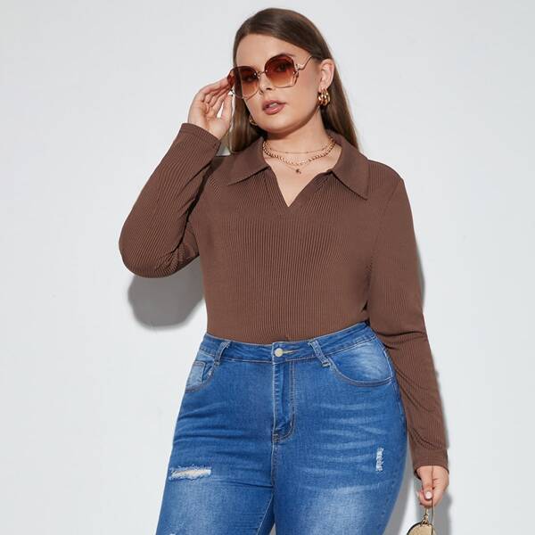 

Plus Solid Notched Neck Rib-knit Tee, Chocolate brown