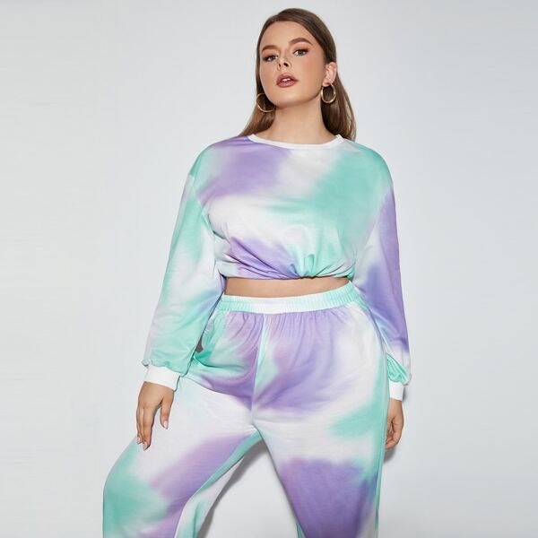 

Plus Tie Dye Drop Shoulder Pullover & Sweatpants, Multicolor