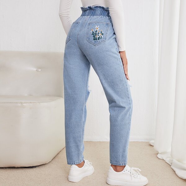 

Flower Embroidery Paperbag Waist Straight Leg Jeans, Light wash