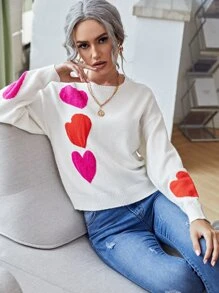 SHEIN Heart Pattern Jumper - White - View 6