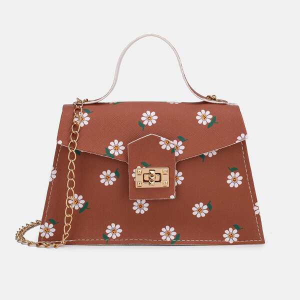 

Floral Graphic Twist Lock Chain Satchel Bag, Brown