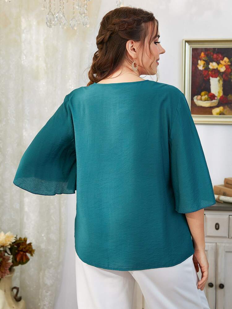 SHEIN LUNE Blusa de manga con volante escote V - Verde - Añade 2