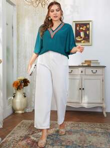 SHEIN LUNE 大碼蝴蝶袖V領襯衫 - 綠色 - 查看 6