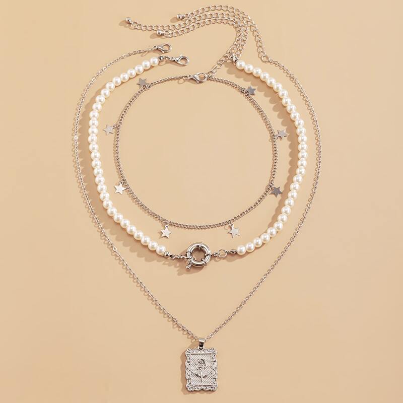 

3pcs Star & Flower Decor Necklace, Silver