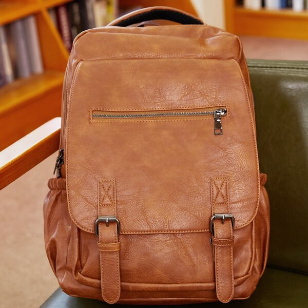 

Men Buckle Decor Large Capacity Backpack, Brown