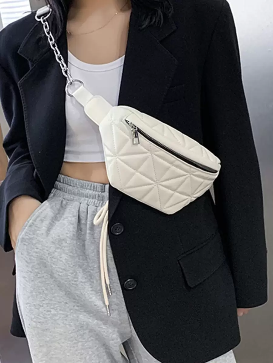 衍縫鏈條腰包 - 米色 - 查看 1