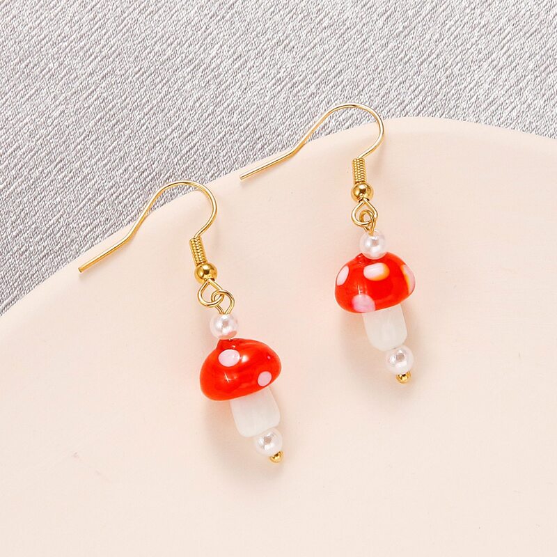 

Mushroom Drop Earrings, Red and white