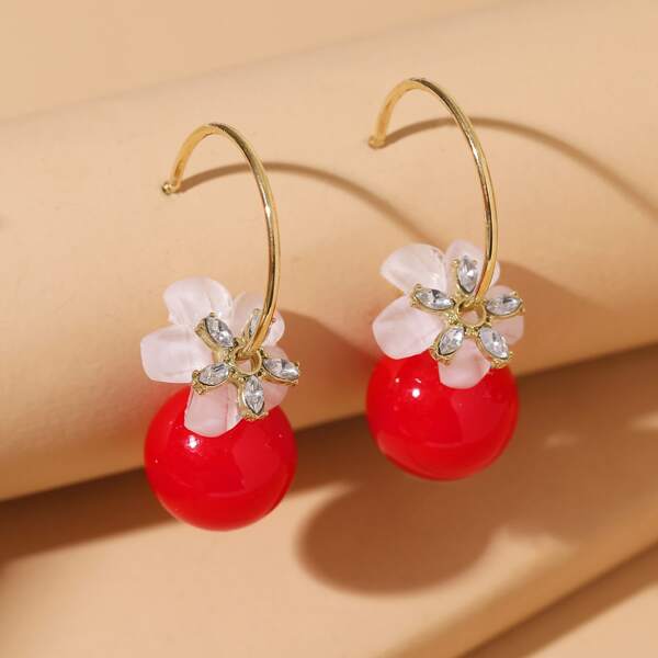 

Flower & Round Ball Drop Earrings, Red