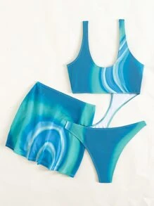 SHEIN Swim 2 pièces Maillot de bain une pièce à découpes avec motif tie-dye et jupe de plage - Bleu azur - Voir 5
