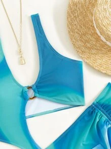 SHEIN Swim 2 pièces Maillot de bain une pièce à découpes avec motif tie-dye et jupe de plage - Bleu azur - Voir 6