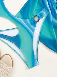SHEIN Swim 2 pièces Maillot de bain une pièce à découpes avec motif tie-dye et jupe de plage - Bleu azur - Voir 7