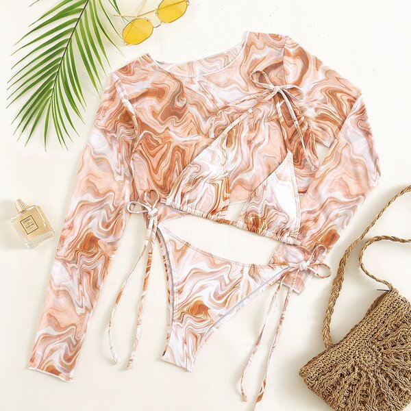 

3pack Marble Print Triangle Bikini Swimsuit & Cover Up, Multicolor