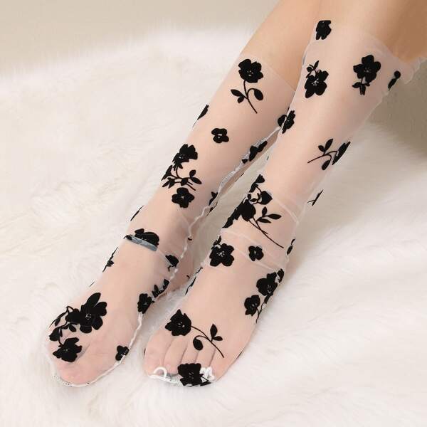 

Flower Pattern Crew Socks, White