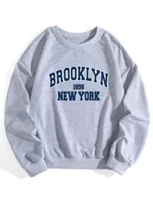 SHEIN Unity 大碼字母圖案圓領運動衫 - 淺灰色 - 查看 1