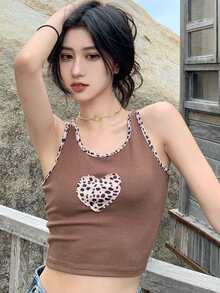 Contrast Trim Heart Pattern Crop Tank Top - Coffee Brown - View 1