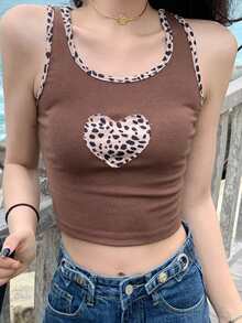 Contrast Trim Heart Pattern Crop Tank Top - Coffee Brown - View 3
