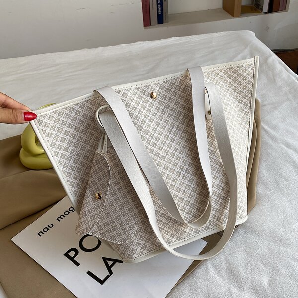 

Plaid Pattern Shoulder Tote Bag With Purse, White