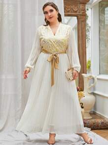 Modelyn Plus Gold Scroll Print Belted Pleated Hem Dress - Beige - View 1