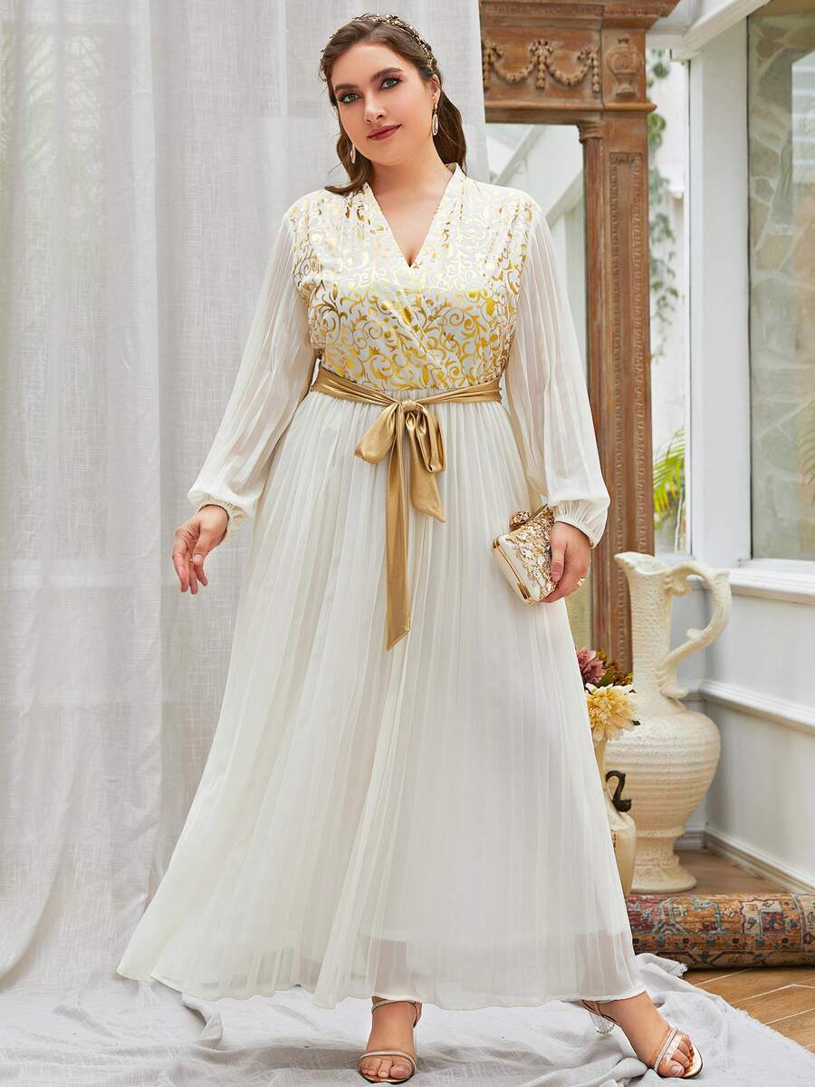 Modelyn Plus Gold Scroll Print Belted Pleated Hem Dress - Beige - View 1