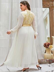 Modelyn Plus Gold Scroll Print Belted Pleated Hem Dress - Beige - View 2