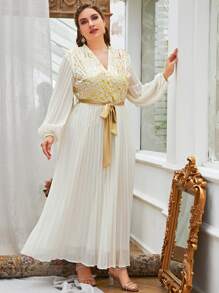 Modelyn Plus Gold Scroll Print Belted Pleated Hem Dress - Beige - View 3