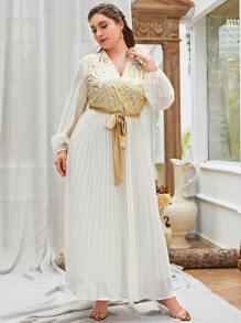 Modelyn Plus Gold Scroll Print Belted Pleated Hem Dress - Beige - View 5