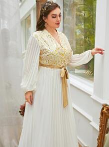 Modelyn Plus Gold Scroll Print Belted Pleated Hem Dress - Beige - View 6