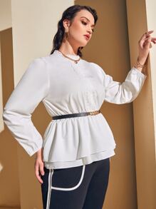 Modelyn Plus Bishop Sleeve Ruffle Hem Guipure Lace Belted Top - White - View 1