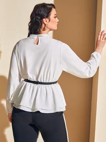 Modelyn Plus Bishop Sleeve Ruffle Hem Guipure Lace Belted Top - White - View 2