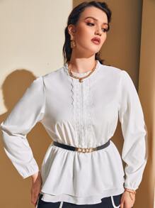 Modelyn Plus Bishop Sleeve Ruffle Hem Guipure Lace Belted Top - White - View 3