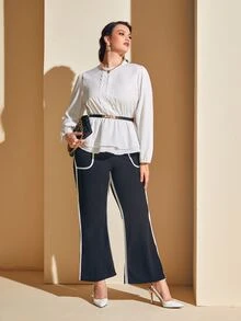 Modelyn Plus Bishop Sleeve Ruffle Hem Guipure Lace Belted Top - White - View 4