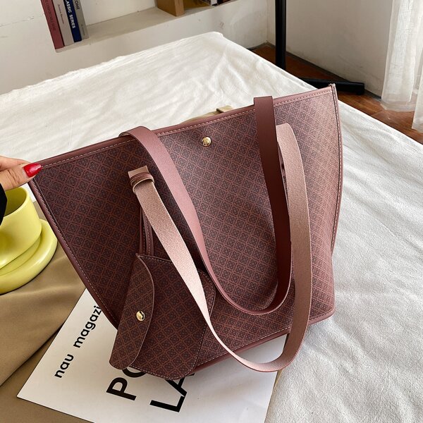 

Geo Graphic Tote Bag With Purse, Coral pink