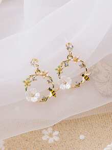 Rhinestone Flower Design Drop Earrings - Yellow Gold - View 2