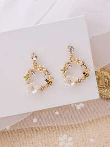 Rhinestone Flower Design Drop Earrings - Yellow Gold - View 4