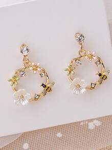 Rhinestone Flower Design Drop Earrings - Yellow Gold - View 1