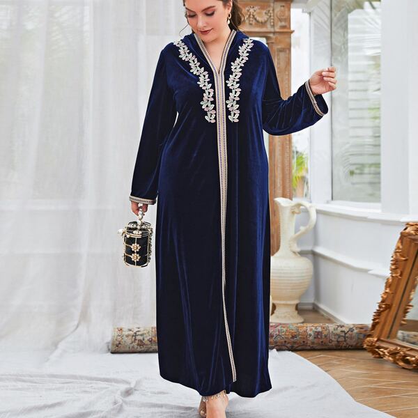 

Plus Leaf Embroidery Tape Trim Velvet Dress, Navy blue