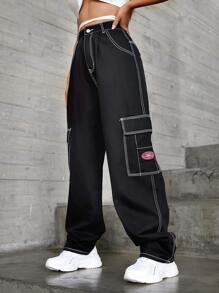 SHEIN EZwear 貼布細節翻蓋口袋寬腿牛仔褲 - 黑色 - 查看 1