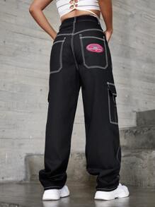 SHEIN EZwear 貼布細節翻蓋口袋寬腿牛仔褲 - 黑色 - 查看 2