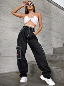 SHEIN EZwear 貼布細節翻蓋口袋寬腿牛仔褲 - 黑色 - 查看 3