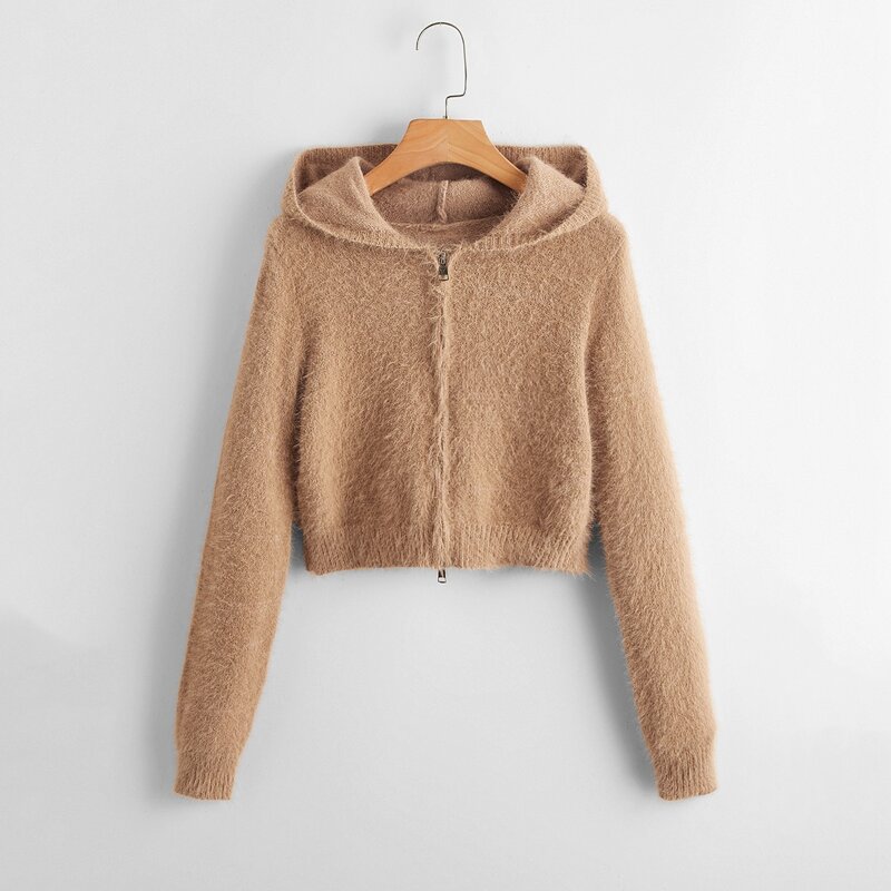 

Solid Zip Up Hooded Cardigan, Khaki