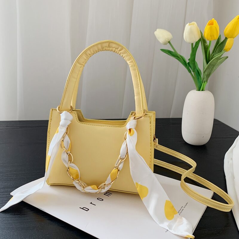 

Scarf Decor Chain Satchel Bag, Yellow
