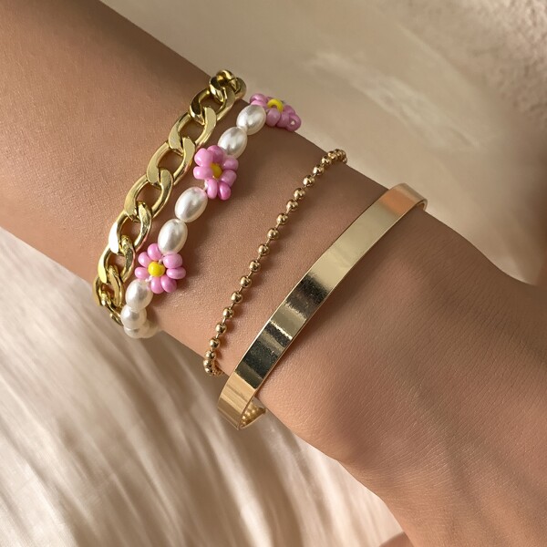 

4pcs Faux Pearl Detail Bracelet, Multicolor